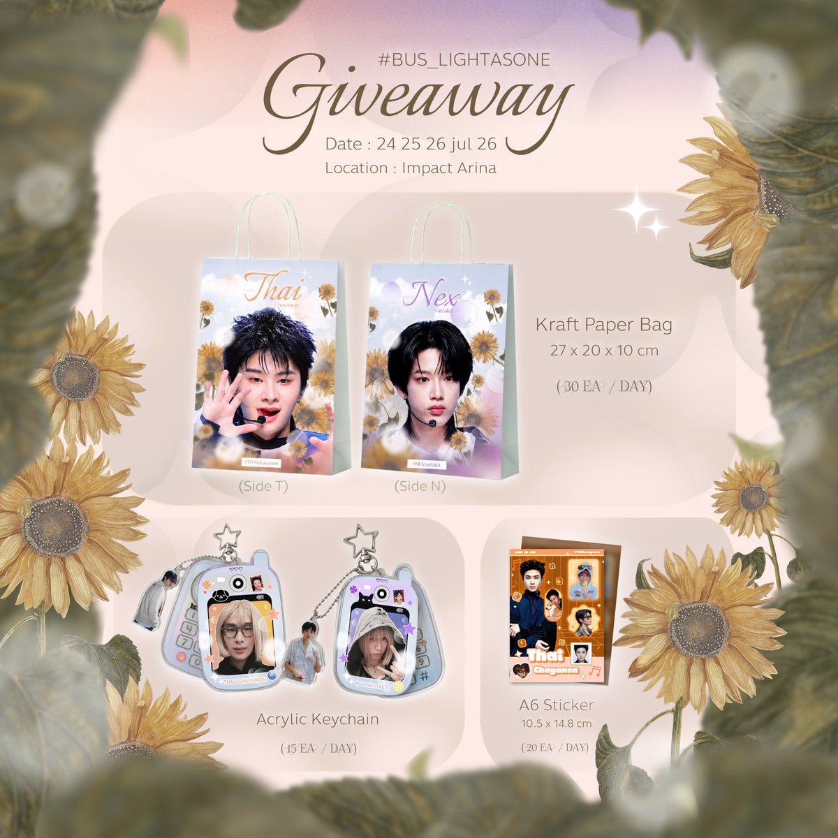 racoonjungg's tweet photo. ❥  𝐆𝐢𝐯𝐞𝐚𝐰𝐚𝐲 𝐟𝐨𝐫  #BUS_LIGHTASONE 🟠🟣

( 𝙥𝙡𝙨 𝙠𝙞𝙣𝙙𝙡𝙮 𝙧𝙩  ☘︎  𝙨𝙝𝙤𝙬 𝙩𝙝𝙞𝙨 𝙩𝙬𝙚𝙚𝙩 )

⟡ Kraft Paper Bag — 30 ea/day
⟡ A6 Sticker — 30 ea/day 
⟡ Acrylic Keychain — 15 ea/day (set T or set N)

📍Impact Arina
📆24 25 26 Jul 26
🕘 tba 

 ♡ ♡ ♡ ♡

#THAIchayanon #NEXnattakit