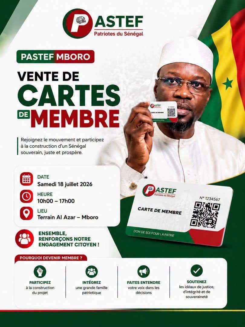 FapatrioteS's tweet photo. đŽ DIRECT | PASTEF Mboro : Grand lancement de la vente des cartes ce samedi 18 juillet 2026, Ă partir de 10 h, au terrain Al Azar !
đđż
#Pasteflespatriotes #mboro https://t.co/AnOQZ8e0p9