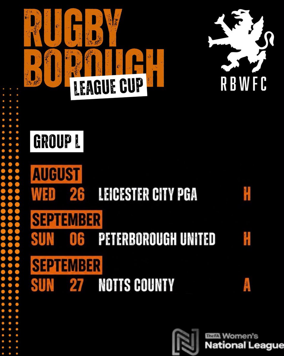 RugbyBoroughWFC's tweet photo. The FAWNL Cup fixtures are in! π§‘
We'd love your support throughout the season, whether you're cheering from the sidelines or following our journey online. π§‘β½
#RugbyBoroughWFC #FixturesReleased #WomensFootball #Matchday #FootballCommunity https://t.co/IjHEOBuIL1