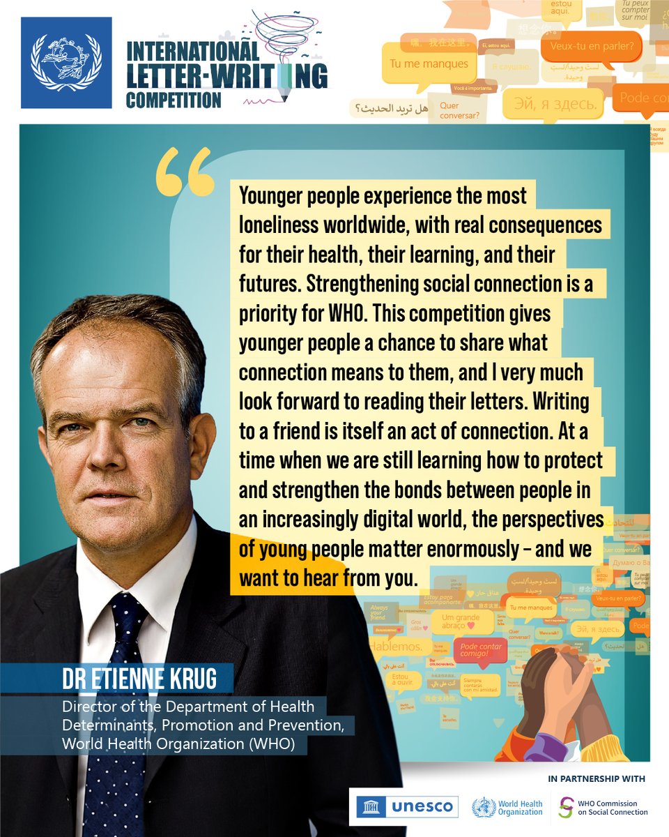 UPU_UN's tweet photo. “Writing to a friend is itself an act of connection.” 

Dr Etienne Krug, Director of the WHO Department of Health Determinants, Promotion and Prevention, is on the jury for the 55th International Letter-Writing Competition #ILWC! 

@WHO @UNESCO 🤝 https://t.co/kPThtE3rBA
