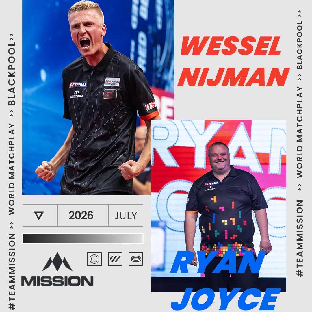 MissionDarts's tweet photo. THE WORLD MATCHPLAY IS HERE! 🏖️🎯

All the best to Wessel Nijman and Ryan Joyce who both kick off their World Matchplay 2026 campaign this weekend! 💪

#TeamMission https://t.co/zejNDeU0Tw