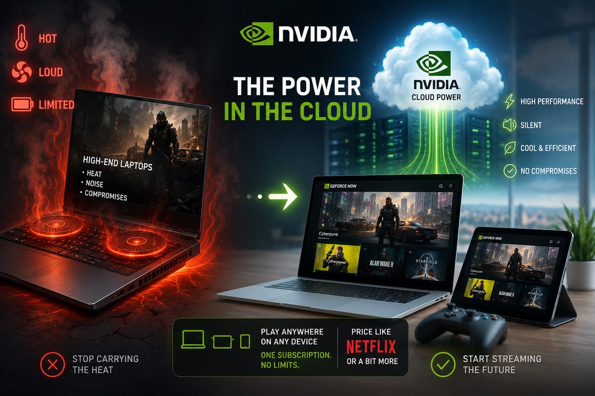 LingoraAI's tweet photo. NVIDIA keeps squeezing beefier mobile GPUs into slimmer laptops… as it wrestles with heat, noise and battery constraints.
But maybe they’re the ones who need to be fixed.
They already have most of the foundation: GeForce NOW and cloud rtx infrastructure.
Instead of running after hotter and hotter hardware, why not get the cloud right?
Fix latency. Erase queues. Speed up the mid-tier subscription so it’s fast and reliable.
That you could be carrying a silent ultrabook — or a tablet — and all the GPU power could be in the cloud.
No overheating.
No loud fans.
No compromise.
A subscription the cost of Netflix might actually be a viable alternative to purchasing a high-end gaming laptop.
The future of performance may not be in your device at all.
NVIDIA, what are you waiting for?