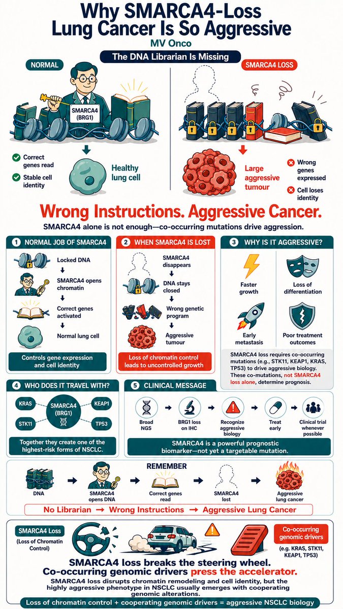 ChandrakanthMv's tweet photo. 🧬 Why is SMARCA4-loss lung cancer so aggressive?

Think of SMARCA4 (BRG1) as the cell's DNA librarian. It opens chromatin so the right genes can be read and helps maintain normal cell identity.

When SMARCA4 is lost: 🔹 Chromatin remains closed
🔹 Cell identity is disrupted
🔹 Tumors become more aggressive and poorly differentiated

But here's the key point:

🚗 SMARCA4 loss breaks the steering wheel—it doesn't press the accelerator.

The most aggressive NSCLC usually emerges when SMARCA4 loss coexists with other genomic alterations such as KRAS, STK11, KEAP1, or TP53, creating a high-risk biological phenotype.

Clinical pearls • Consider broad NGS in advanced NSCLC. • Confirm BRG1 loss with IHC when appropriate. • Recognize the aggressive clinical behavior of SMARCA4-deficient tumors. • Enroll eligible patients in clinical trials whenever possible.

💬 What has been your experience managing SMARCA4-deficient NSCLC?

#LungCancer #NSCLC #ThoracicOncology #SMARCA4 #BRG1 #MolecularOncology #PrecisionOncology #MedicalOncology #Pathology #CancerGenomics #MVOnco
