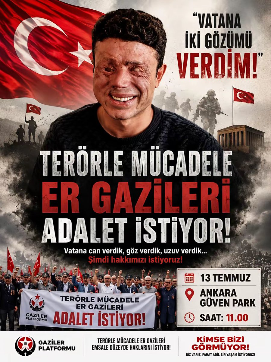 gazilerplatform's tweet photo. SEVGİLİ ER ŞEHİT AİLELERİ VE ER GAZİ KARDEŞLERİM,

Ankara Güvenpark’taki hak ve adalet mücadelemiz bugün 6. gününde kararlılıkla devam etmektedir.

Gün geçtikçe sayımız artmakta, sesimiz Türkiye’nin gündemine oturmaktadır. Muhalefet partilerimizin ve Ankara halkımızın bizlere verdiği destek, gücümüze güç katmakta; umutlarımızı yeniden filizlendirmektedir.

İnanıyoruz ki, hakkımız olan emsal statüye ve haklarımıza her geçen gün bir adım daha yaklaşıyoruz.

Güvenpark’ta bulunan tüm kader arkadaşlarıma; birlik, beraberlik ve dayanışma içerisinde yürüttüğümüz bu davaya sahip çıktıkları için yürekten teşekkür ediyor, minnetlerimi sunuyorum.

Ancak hepimiz biliyoruz ki bu mücadeleyi gece gündüz, Güvenpark’ı terk etmeden sürdürmek kolay değil. Hepimizin ağır engelleri ve ciddi sağlık sorunları var. Günler geçtikçe yorgunluk ve rahatsızlıklarımız artıyor. Tam da güzel bir ivme yakalamışken, sayımızın azalmasından endişe duyuyoruz.

Bu nedenle tüm er şehit ailelerini ve terörle mücadele er gazilerini Ankara Güvenpark’a davet ediyorum.

İnanın, çok az kaldı!

Bu mücadele, hakkımız olan emsal statü ve özlük haklarımızı alana kadar devam edecektir. Bizler emekli sandığı emeklisi değiliz vatan uğruna canını ortaya koymuş gaziler olarak mücadele ediyoruz.

Bizler bu kimliği hak ediyoruz. Çünkü bu vatan için can verdik, kan verdik ve ağır bedeller ödedik. Bizler gaziyiz…

Biz inandık. Sizler de inanın.

Lütfen sahaya çıkın, Güvenpark’taki mücadelemize destek verin. Kendi hakkınıza, kendi onurunuza ve yıllardır beklediğiniz adalete sahip çıkın.

Birlik olursak başaracağız.
Geri adım atmayacağız.
Hakkımızı alana kadar mücadelemiz sürecek!

Saygılarımla.

3713 Sayılı Kanun Kapsamında Terörle Mücadele Gazisi
Özkan DEMİRDÖVEN @nowhaber @halktvcomtr @gazetesozcu @szctelevizyonu @ankahabera #gündem #SONDAKİKA #güvenpark