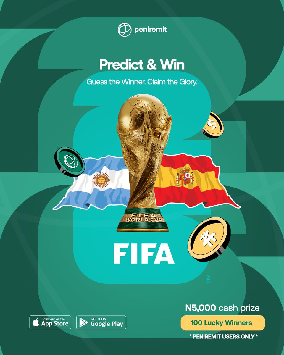 peniremit's tweet photo. ⚽️  EPIC SHOWDOWN!

Spain 🇪🇸 vs Argentina 🇦🇷

🎁 ₦5,000 each for 100 winners who correctly predict the winner.

To enter: 
1️⃣ Like & Repost.
2️⃣ Follow @Peniremit.
3️⃣ Comment who you think will win.
4️⃣ Have a Peniremit account.

🎲 Winners will be selected at random from the correct predictions.

📌 One entry per person.
⏰ Entries close at kick-off.

Drop your prediction below! 👇