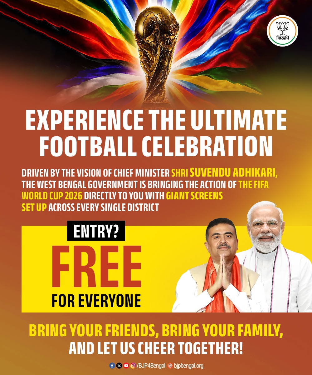 BJP4Bengal's tweet photo. Football fever is hitting West Bengal as the FIFA World Cup 2026 comes alive on the big screen!
Driven by the vision of Chief Minister Shri @SuvenduWB and efforts by the Minister for Youth Services and Sports Dr. @IndranilKhan , giant screens are being set up across every single district so you don't miss a single moment of the action.
Best of all? Entry is completely free for everyone.