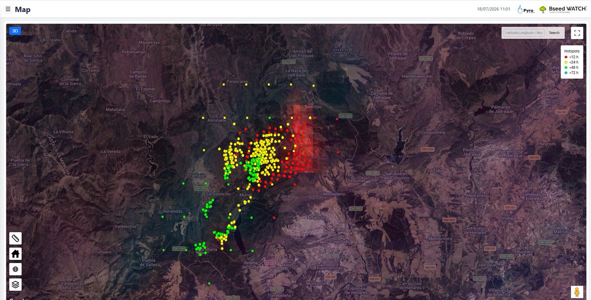 PyroFire's tweet photo. 11:00am - 18/07/2026. Última actualización de #IFLaMierla vía satélite #FIRMS y #Eumetsat  #IIFF #Guadalajara https://t.co/Ge9CY1cAPN