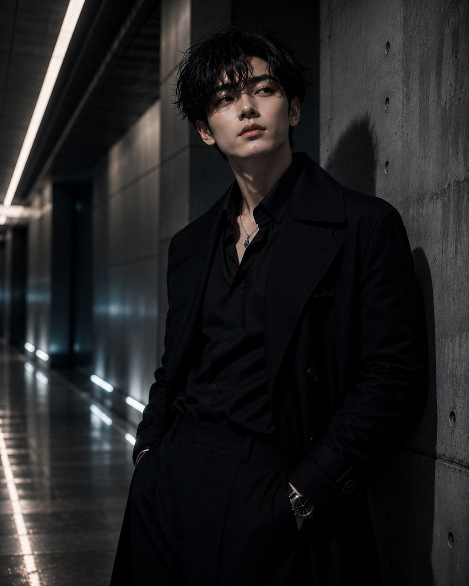 AI 生图提示词:Photorealistic cinematic portrait of a handsome young East Asian man leaning aga