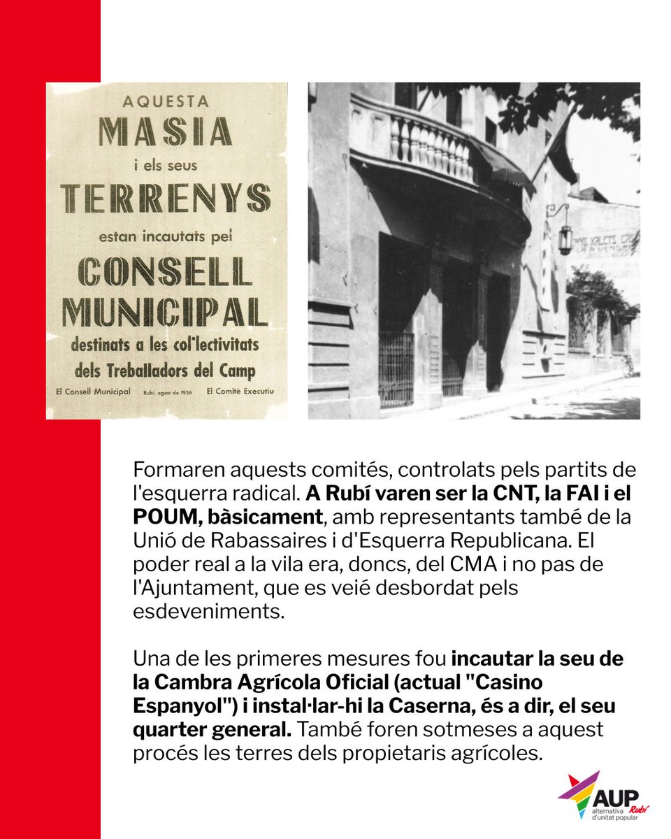 AUP_Rubi's tweet photo. Fa 90 anys del cop d'estat feixista que a #rubicity es va aturar amb una resposta social i revolucionària.

Aprenem d'aquell procés revolucionari i recollim el llegat d’aquelles que van posar el cos i el cor per construir un món nou.

Feixisme mai més, enlloc, contra ningú! https://t.co/3P4tvvVbdG