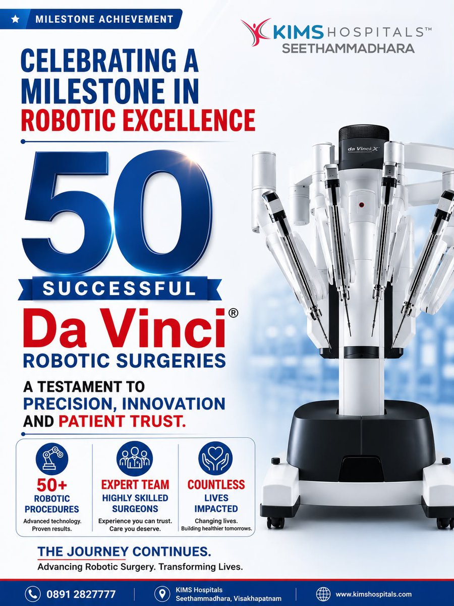 KIMSVizag's tweet photo. Celebrating a Milestone in Robotic Excellence! 🤖✨

50 successful Da Vinci® Robotic Surgeries at #KIMSHospitals, Seethammadhara—a proud milestone that reflects our commitment to precision, innovation, and exceptional patient care. #KIMSVizag #Seethammadhara https://t.co/2aEZGAu2r9
