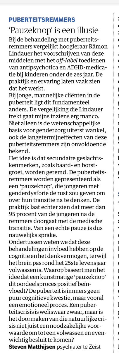 ArmandGirbes's tweet photo. Spijker op de kop. De wijze waarop behandelaars volgens het ‘Dutch protocol’ de werking van puberteitsremmers benoemen, heeft niets met valide wetenschappelijke benadering te maken. Het getuigt van een ideologische gedreven gemakzucht en verdraaiing. Ingezonden brief uit @NRC https://t.co/yRhfuQ5zkZ