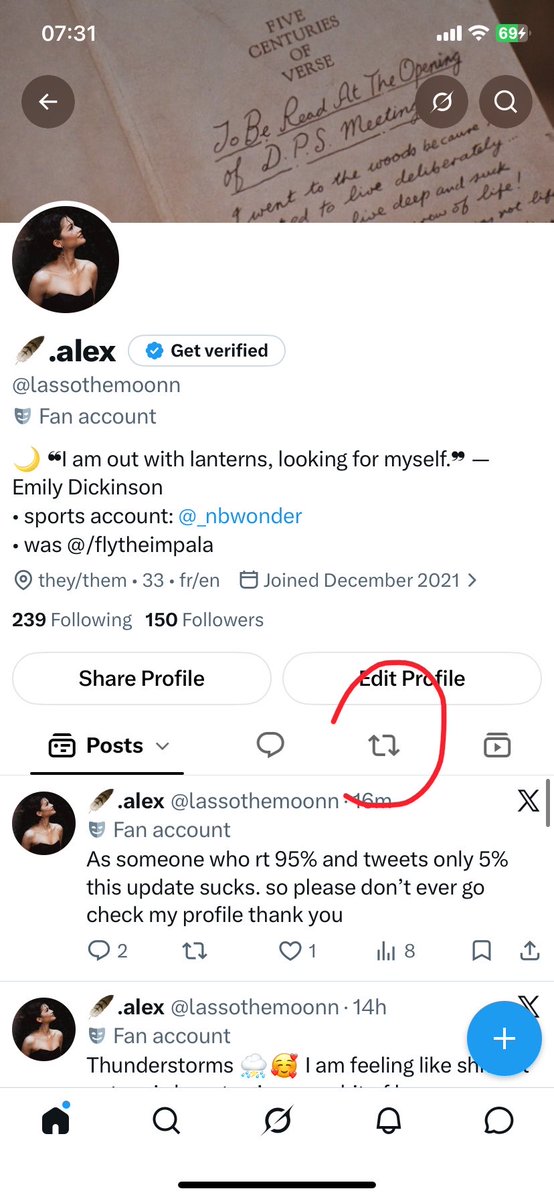 lassothemoonn's tweet photo. @strappleish Well.. twt updated for me and a few others people. now, on the profile you have a tab for post, reply, videos but also one for the retweets now.. meaning on the profile the rt are not on the main feed https://t.co/RdhkAq4meK