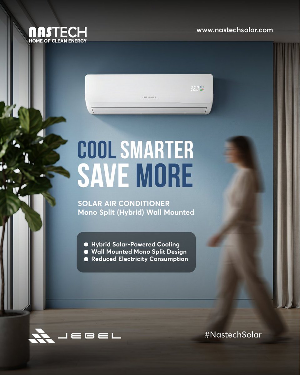 NastechSolar's tweet photo. Stay cool while reducing energy costs with the Solar Air Conditioner Mono Split (Hybrid) Wall Mounted System. ☀️❄️
#NastechSolar #SolarAirConditioner #HybridAC #SolarCooling https://t.co/s9AkKUm7MX