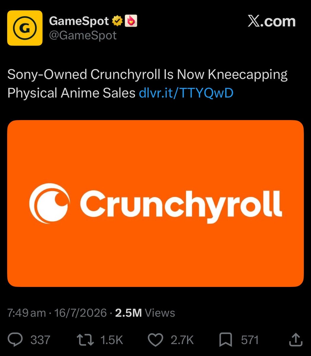 GiveMeBanHammer's tweet photo. Sony-controlled Crunchyroll is now going further anti-consume by forcing people to pay high tier subscriptions to use its digital store for merch, curated drops etc?

Standard sub ($9.99 months) will no longer be able to have much access to the store - so you need a Mega Fan ($13.99 monthly) and Ultimate Fan ($17.99 monthly) for the “privilege”.

But wait there’s more

Crunchyroll also further reducing physical anime media sales?

I feel like Sony is speedrunning winning a new war against Microsoft and Nintendo.

Where “winning” involves alienating as many customers as they can, turning as many people against them as possible.