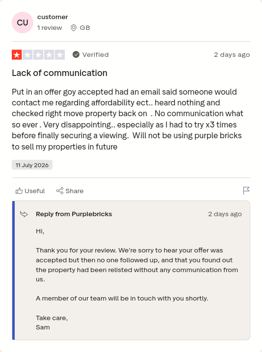 or_rhea's tweet photo. customer gave Purplebricks 1 star via @Trustpilot https://t.co/2ChkgZexeW #CoraçãoAcelerado #NoBull #ownit https://t.co/2wPsS3Qsd3