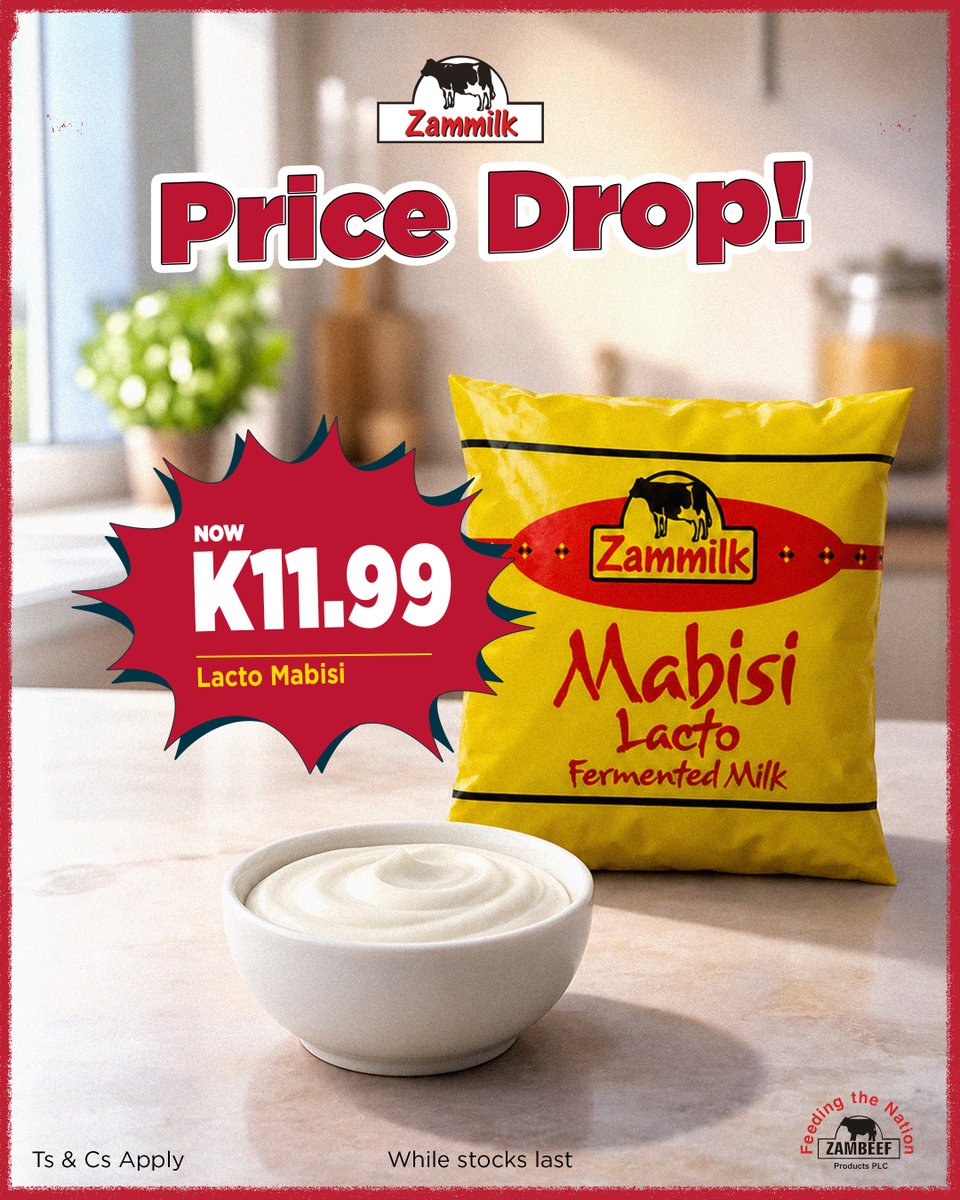 MyZambeef's tweet photo. Mabisi lovers, this one’s for you! 🥛👇🏾

The Mabisi you know and love is now just K11.99. 🎉

Don’t miss out, this offer is valid while stocks last! ⏳

Visit your nearest Zambeef outlet nationwide and grab yours today. 😋

Who’s stocking up?

#Zambeef #Mabisi #MabisiLovers #NowK1199 #MoreForLess #ProudlyZambian
