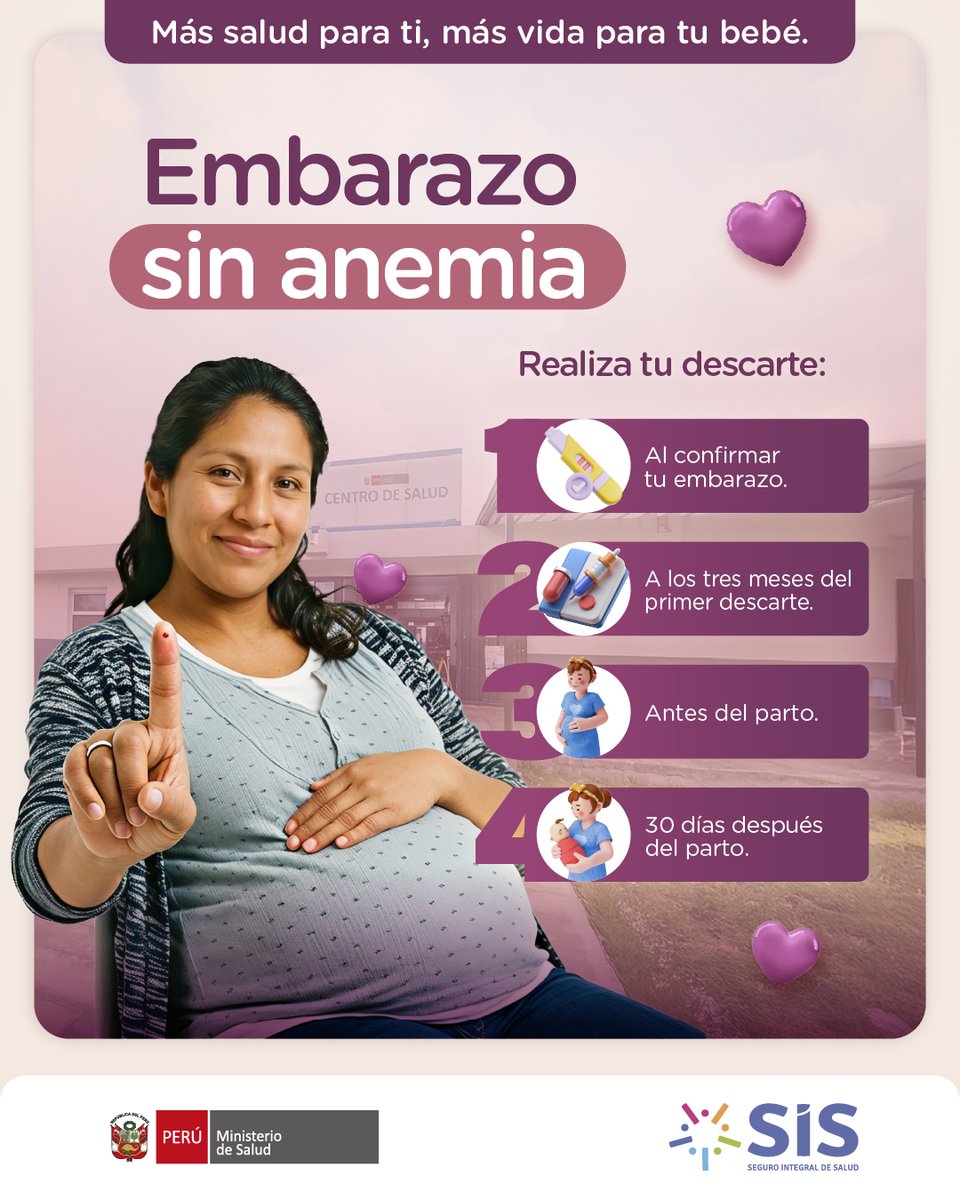 ctvcperu's tweet photo. #CTVCteCuida | ¿Eres gestante? Recuerda realizar tu descarte de anemia para que lleves un embarazo saludable. Protégete a ti y a tu bebé 👶
🏥 Acude al centro de salud
🩸 El proceso es seguro y gratuito
#ParticipaciónCiudadana https://t.co/dhL5rMxET4