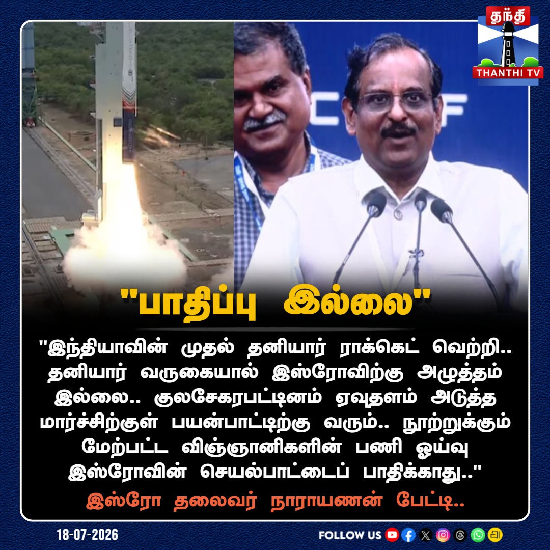 ThanthiTV's tweet photo. விஞ்ஞானிகளின் பணி ஓய்வு.. இஸ்ரோவிற்கு பாதிப்பா.? விளக்கம் அளித்தார் தலைவர் நாராயணன்..
#SkyrootAerospace #Vikram1 #ISRO #SpaceNews #Kulasekarapattinam #SpaceLaunch #PrivateSpaceSector #ISROChief #SpaceTechIndia #ScienceNews #IndiaInSpace #ThanthiTV https://t.co/JZYVI4M5z4