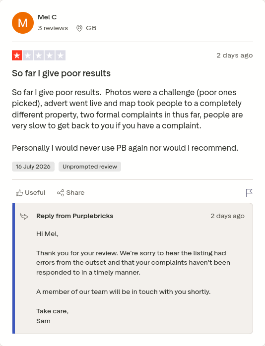 or_rhea's tweet photo. Mel C gave Purplebricks 1 star via @Trustpilot https://t.co/AX8rKnPKKw #CONmisery #NoBull #ownit https://t.co/Dgf8li0JK1