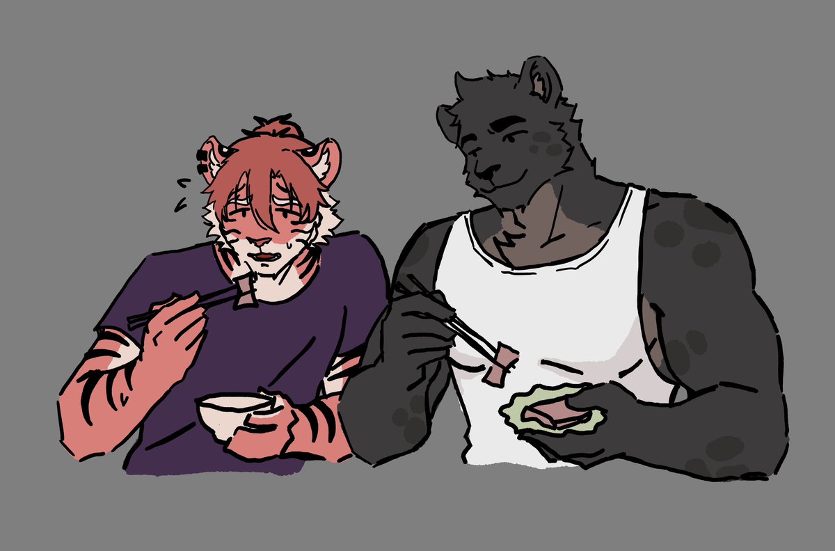 pancitoad's tweet photo. Little sketch of Devon inviting Felis to his first Korean BBQ :p

#dawnchorus #furryoc #furryart https://t.co/3zsqZ8jRwB