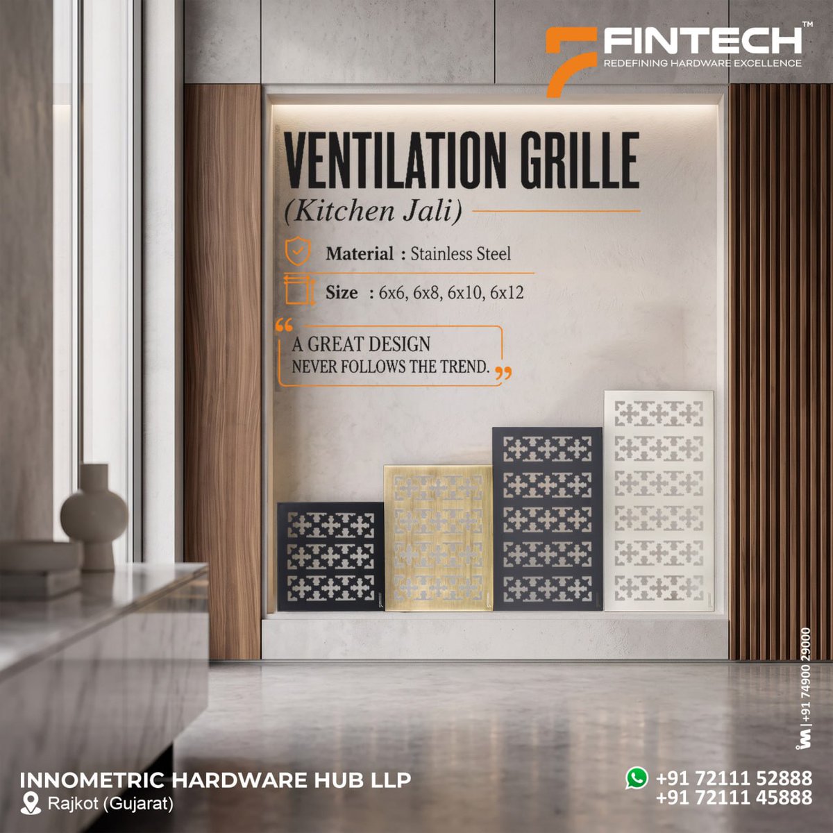 ibais_hardware's tweet photo. INNOMETRIC HARDWARE HUB LLP | Rajkot, Gujarat π’
Premium Ventilation Grille (Kitchen Jali)
Mr.Jaysukh Patoriya - +91 7211152888
Mr.Savan Vekariya - +91 7211145888
WhatsApp: https://t.co/SluUsPEoPI
.
#FintecHardware #VentilationGrille #KitchenJali #Hardware #kitchengrille https://t.co/pnWS69tKjT