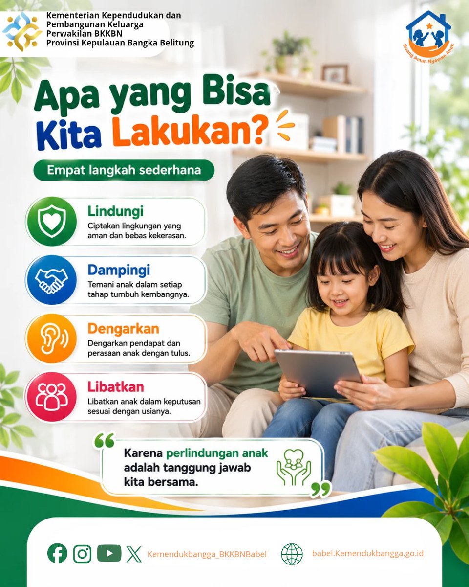 BabelBkkbn's tweet photo. Bersama, wujudkan #RuangAmanNyamanAnak untuk generasi Indonesia yang sehat, bahagia, dan berprestasi. https://t.co/ZHagzkXWIy