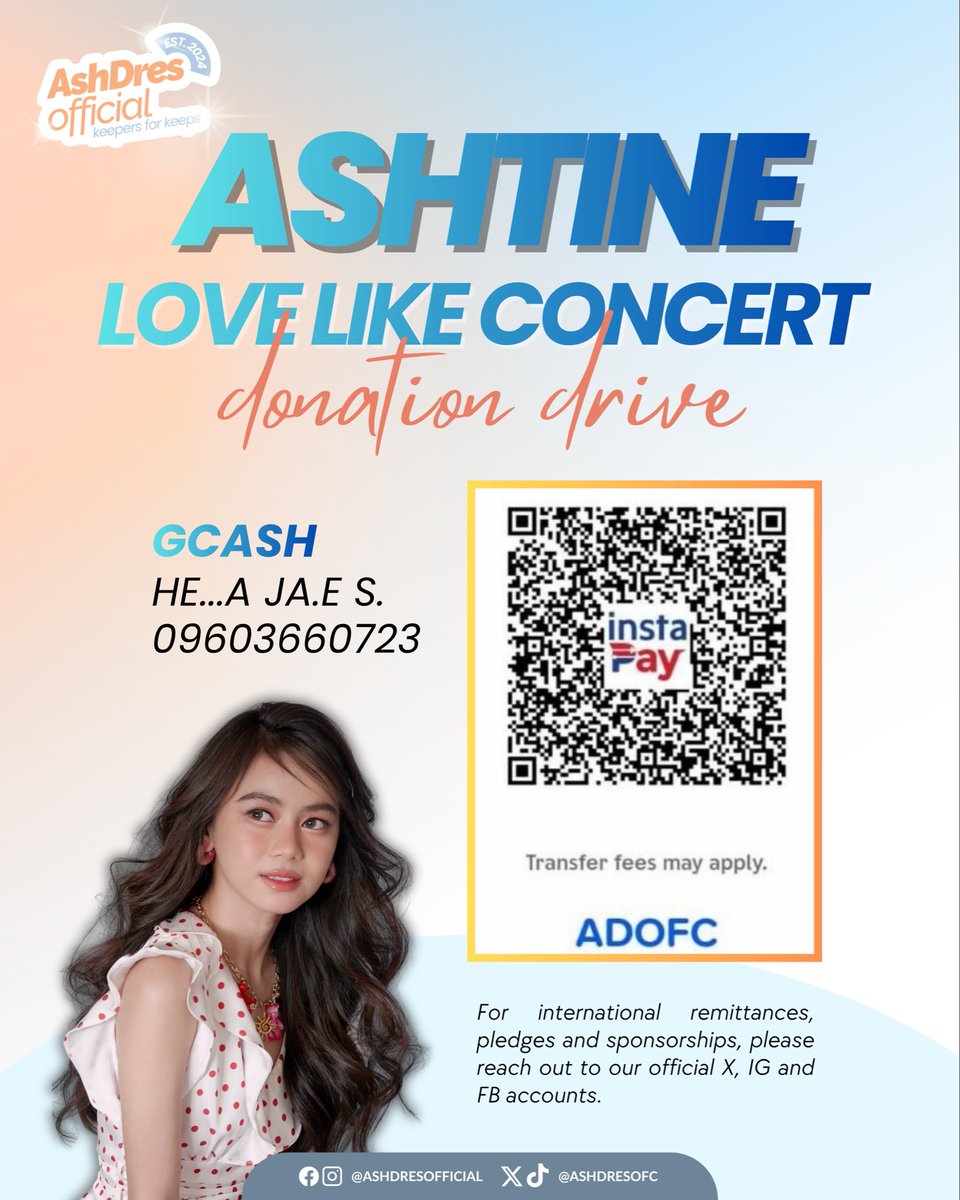 AshDresOFC's tweet photo. As the planning for the Love Like Ashtine Concert is officially kicking in, we are now launching a donation drive to make this concert an unforgettable milestone for our favorite girl! ✨💙

Every single amount counts! 

Your generous contributions will directly fund:

🎟️ Ticket Purchases/Assistance
🥤 A special concert-day Cupsleeve Event
🎁 Fan support freebies

...and more exciting surprises!

#AshtineOlviga