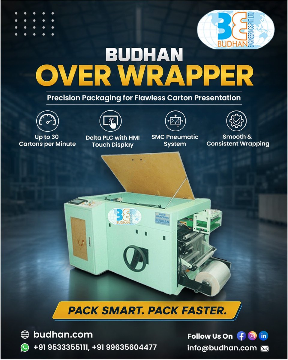 budhan_official's tweet photo. Precision that protects every carton. 

The Budhan Over Wrapper delivers fast, smooth, and consistent packaging with advanced automation. Designed for efficiency, it wraps up to 30 cartons per minute,

🌐 https://t.co/Fhm6oOYYY5

#BudhanEngineering #OverWrapper #PackagingMachine https://t.co/oOaecGhG0d