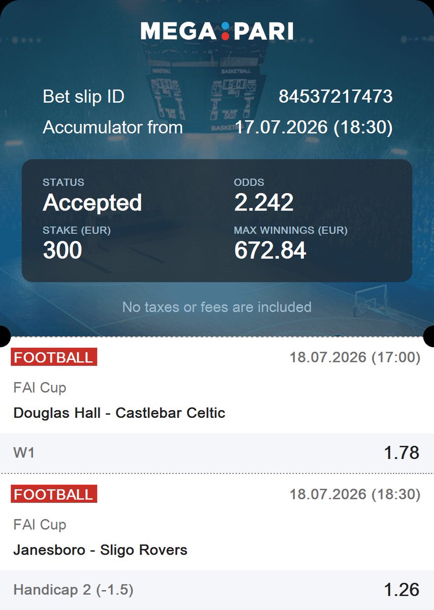BigBearTips's tweet photo. Saturday slate. 2 legs.
FAI Cup (Ireland) — Douglas Hall W1 vs Castlebar Celtic @ 1.78
FAI Cup (Ireland) — Janesboro +1.5 AH vs Sligo Rovers @ 1.26
Accumulator: 2.24x
VIP #1: Norway Eliteserien triple, 2.45x
VIP #2: Norway Eliteserien triple, 2.97x
Full access: 
https://t.co/b87M5uBmNR