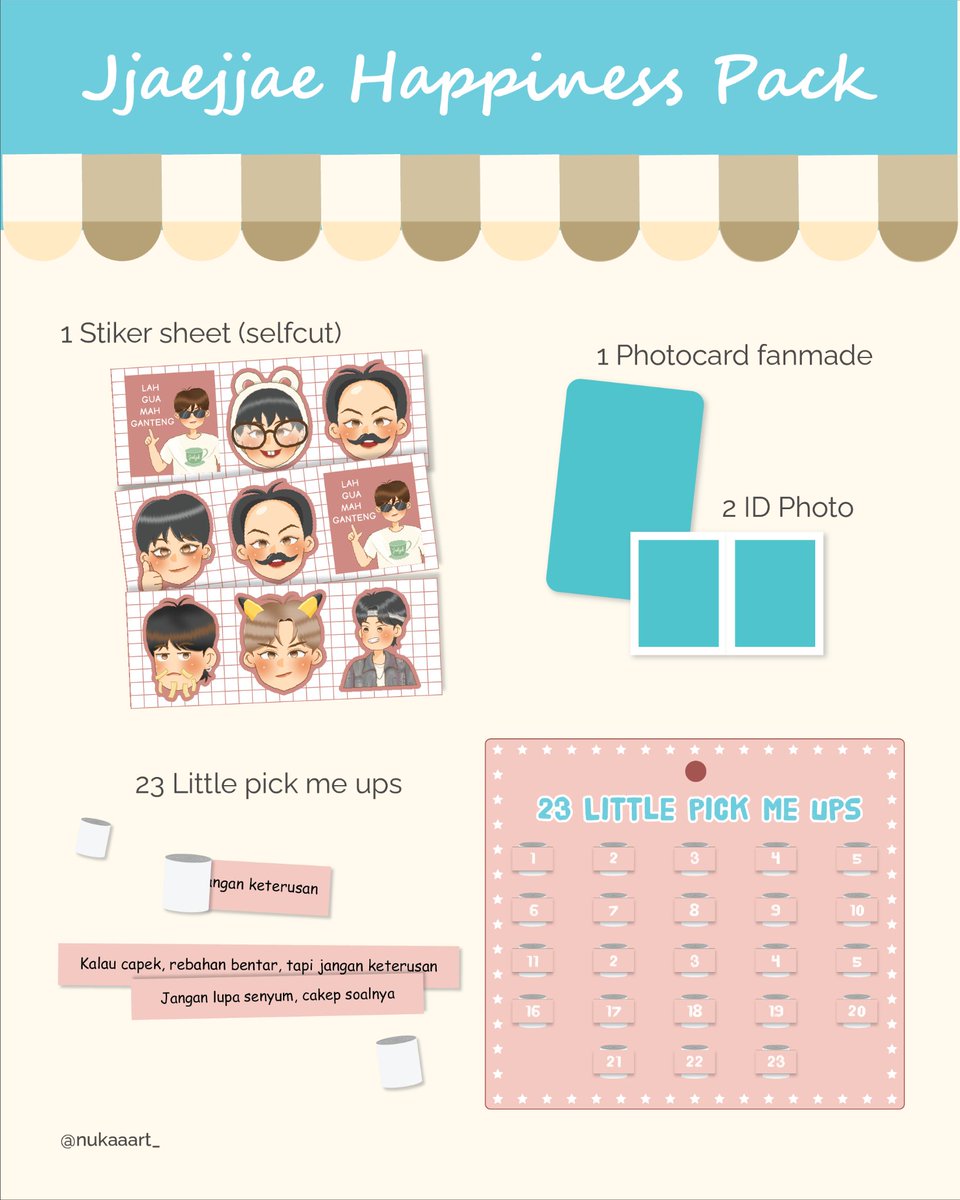 nukaaart_'s tweet photo. JJAEJJAE HAPPINESS PACK
by @nukaaart_

You'll get
1 stiker sheet (selfcut)
2 id photo
1 photocard fanmade
23 pcs Little pick me ups 

**5 orang pertama yg CO akan mendapatkan sticker jaehyuk soccer

🔗 TBA
📅 23/7/2026 12:00 WITA
🏷️ Rp9.999 

LIMITED QTY❗

Detail info di 👇 https://t.co/iUQ6pJmnVL