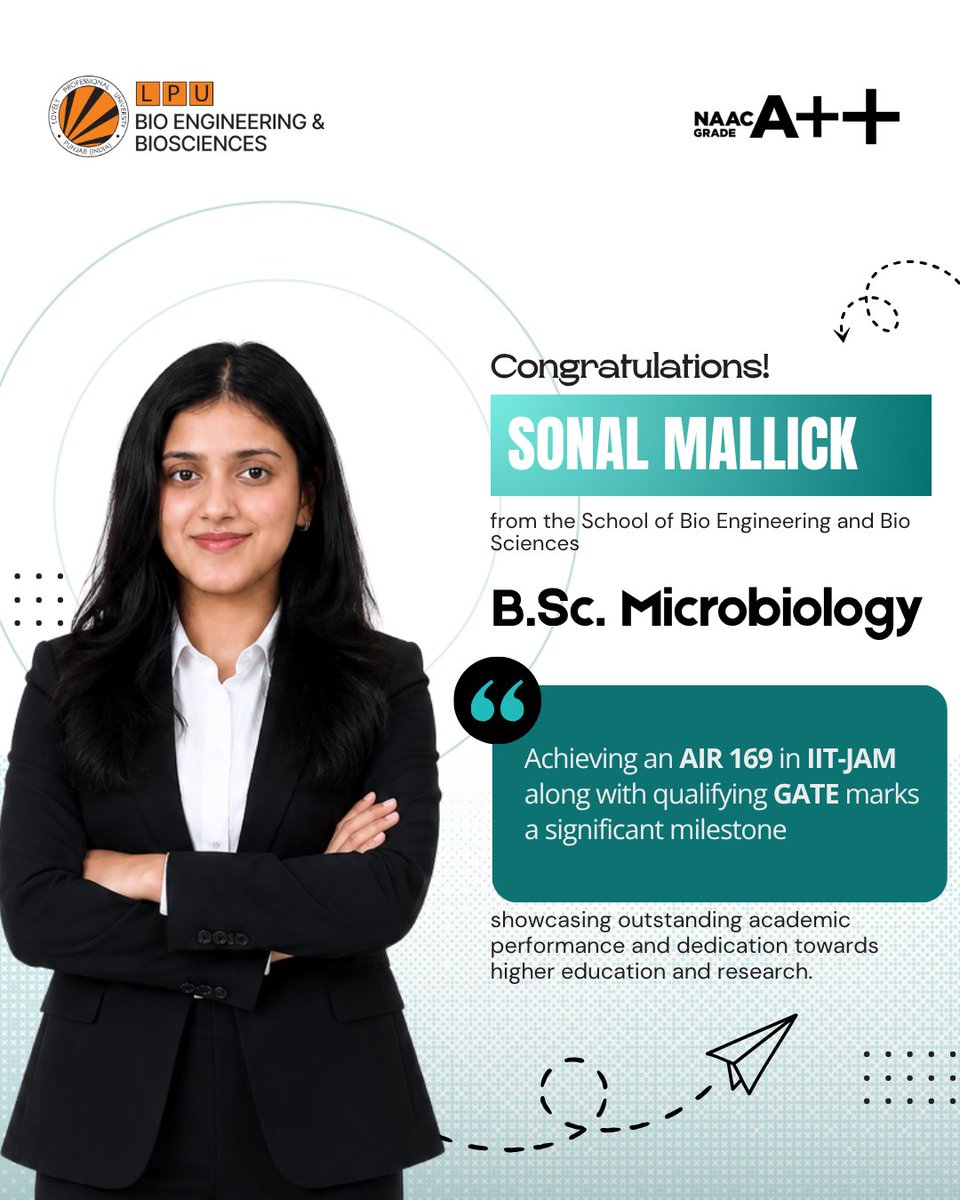 LPUBioEngg's tweet photo. Congratulations to Sonal Mallick, https://t.co/ftZmzDOd2O. Microbiology student, for securing an impressive AIR 169 in IIT-JAM along with qualifying for GATE.

Your achievement is a testament to your hard work, perseverance, and passion for excellence. Wishing you continued success in your journey toward higher education and impactful research! 🎓✨

Apply today and begin your journey towards academic excellence.

🚨 Admissions Closing Soon!

@lpuuniversity 
#ProudMoment #LPU #SchoolOfBioengineeringAndBiosciences #IITJAM #GATE #Microbiology #FutureScientist #AcademicExcellence #HigherEducation #Research #AdmissionsOpen #ApplyNow #StudyAtLPU #FutureStartsHere