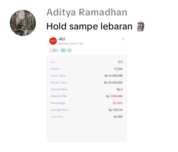 finalcensus's tweet photo. KENAPA FYP GW DI SEBELAH FULL ORANG RUNGKAD 😭

SEKARANG ADA LAGI BELI $JELI AVG 1152. HARGA SEKARANG 895 WHICH IS -22,3%

PERTANYAAN NYA KENAPA BELI DIPUCUK DAN KENAPA GA CUTLOSS? TAHAN SAMPE LEBARAN? KEBURU GOCAP TUH SAHAM.

#saham #ipo #jeli #inaco #stockbit https://t.co/sr2MkMseQ3