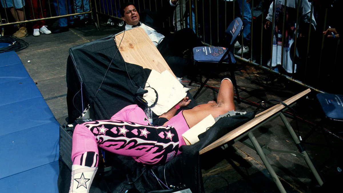 WWFWrestling1's tweet photo. Survivor Series Saturday! The beginning of an era as the Spanish announce table gets demolished for the first time on a WWF pay-per-view. Diesel delivers The Hitman straight through it back in 1995. #WWF #WWE #Wrestling #Diesel #BretHart https://t.co/NcrcZdLeDu