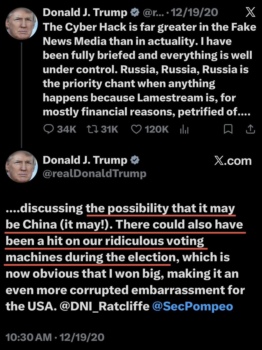 patel_patriot's tweet photo. The newly declassified documents give new context to this Trump tweet from December 2020 about the SolarWinds hack.

Trump criticized the media for immediately blaming Russia while ignoring (for financial reasons) the possibility that China was responsible—a scenario reflected in the newly declassified documents. 

He also connected the SolarWinds hack to the 2020 election.

Trump knew about both China’s role in the election and the internal battles within the intelligence community.