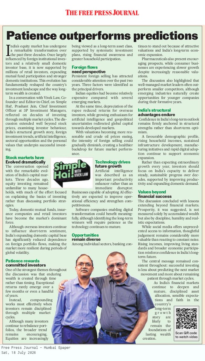 fpjindia's tweet photo. 📊 Patience, Discipline And India's Long-Term Growth Story: Prashant Jain On Building Wealth

👉 Featuring insights from @VivekLaw, (Founder & Editor-in-Chief, @SimpleHaiShow) and Prashant Jain (Chief Investment Officer, 3P Investment Managers), this conversation highlights why successful investing is about staying invested through market cycles rather than chasing short-term gains.

Read the full feature in today's Free Press Journal Link Below

🔗 https://t.co/FiOKe3cBxd

#TheFreePressJournal #Investing #StockMarket #WealthCreation