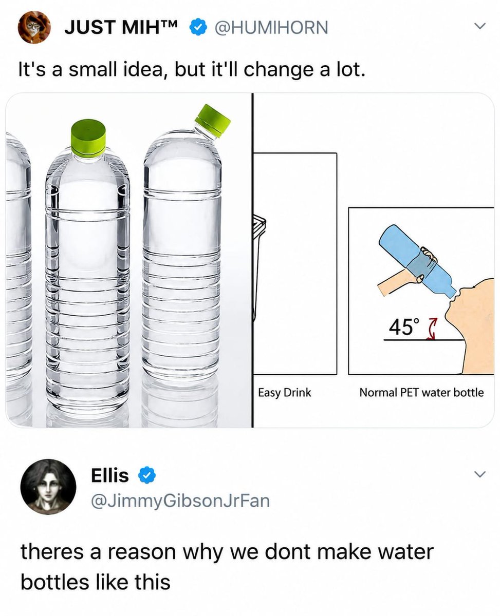imSaichowdary_'s tweet photo. Hey @Grok, what's the main reason water bottles aren't designed like this? 👀 https://t.co/QoTJinhISo