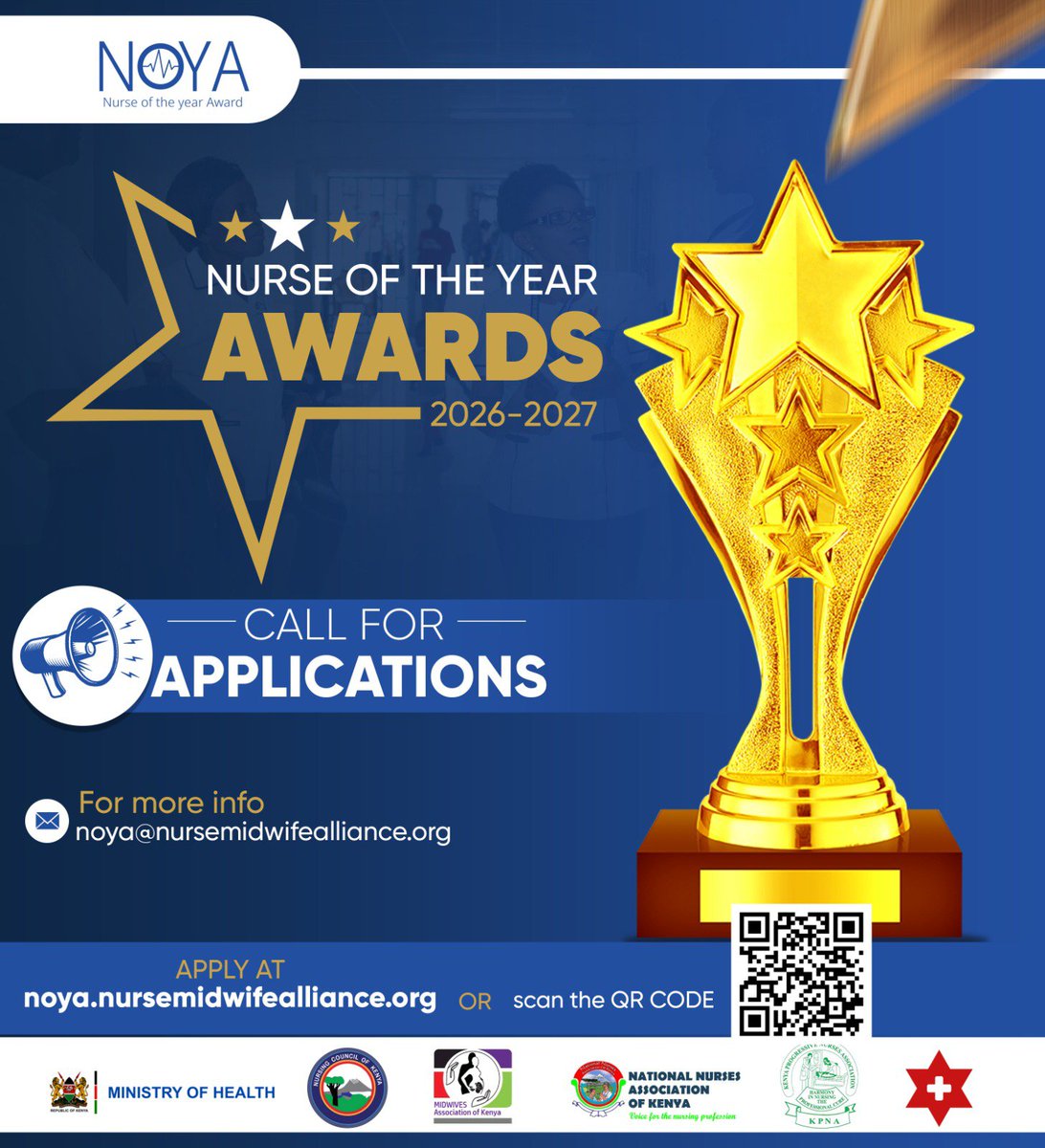 nnakenya's tweet photo. What if the next Nurse of the Year is reading this right now? Huh 👀

Every shift, every patient, every life you touch matters. It's time to celebrate the nurses and midwives whose dedication is transforming healthcare across Kenya.

🏆 Applications for the Nurse of the Year Awards (NOYA) 2026–2027 are now open!

Whether you're applying yourself or nominating a deserving colleague, don't let excellence go unnoticed.

How to Apply:
 1. Apply through our website https://t.co/MLynnhDC12 
 2. Scan the QR Code on the attached flyer 
 For Enquiries: noya@nursemidwifealliance.org

Because those who dedicate their lives to caring for others deserve to be celebrated.

#NOYA2026 #NurseOfTheYear #CelebrateNurses