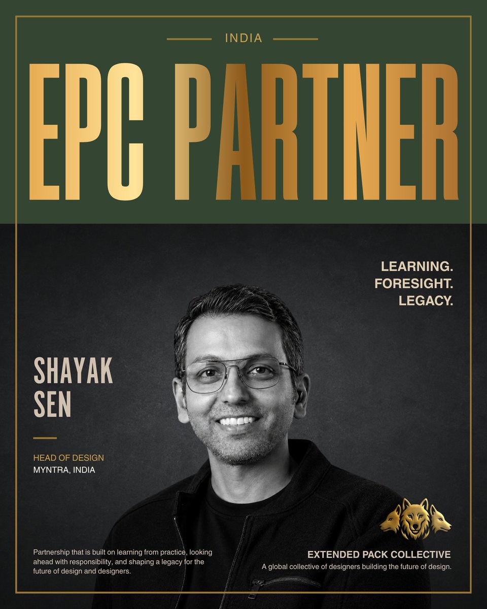 ExtendedPack's tweet photo. We're delighted to welcome Shayak Sen, Head of Design at Myntra, to the Extended Pack Collective Partner Circle.

Over the past 15+ years, Shayak has built and led high-performing design teams across Myntra, Meesho, Vedantu, Practo, CommonFloor, and frog, while mentoring designers and shaping products at scale. His experience spans design leadership, product innovation, research, and building design cultures that put people at the heart of every decision.

The EPC Partner Circle brings together select design leaders who believe in advancing the practice of design, craft, strengthening the community, and creating meaningful opportunities for designers worldwide.

Welcome to the Pack, Shayak 🐺
We're excited to build the future of design together.

#ExtendedPackCollective #EPCPartnerCircle #DesignLeadership #ProductDesign #DesignCommunity