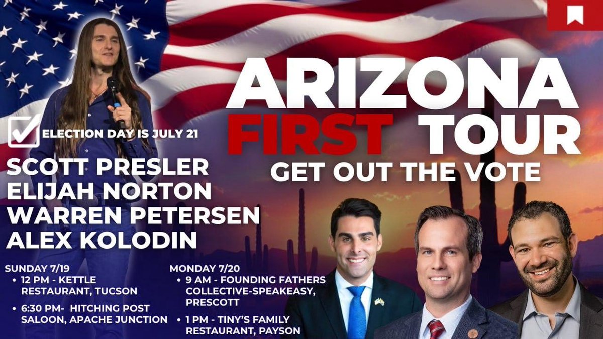 ScottPresler's tweet photo. In Arizona through Election Day on Tuesday, July 21st! 

Let’s flip AZ from 🟦🔜🟥. https://t.co/azcxv916ce