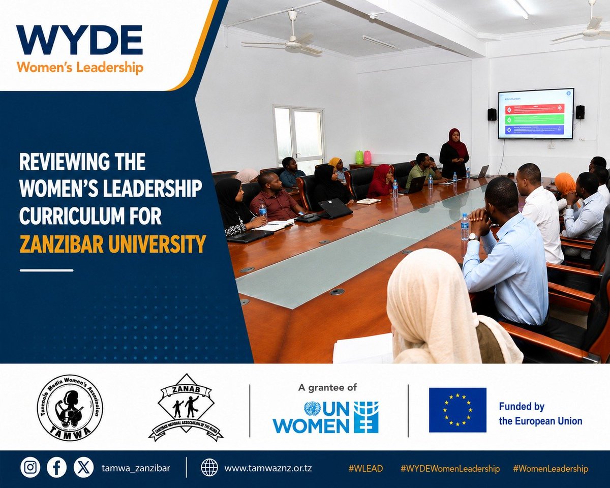 TAMWA_Zanzibar's tweet photo. Investing in young women’s leadership starts with building the right knowledge and skills.

TAMWA Zanzibar in collaboration with Zanzibar University (ZU), convened a stakeholder meeting to review the draft Women’s Leadership Curriculum, bringing together leaders from ZU Students' Government, lecturers, journalists, CSOs and other key stakeholders to provide valuable input before its implementation at the university.

The curriculum aims to equip young women with the knowledge, skills and confidence to actively participate in leadership and decision-making.

W-LEAD is implemented with support from UN Women and funding from the European Union under the WYDE Women’s Leadership Initiative.

#WLEAD
WYDEWomenLeadership
#Mwanamkenikiongozi 

@unwomen 
@euintanzania 
@eucommissionofficial 
@zanab1993_znz