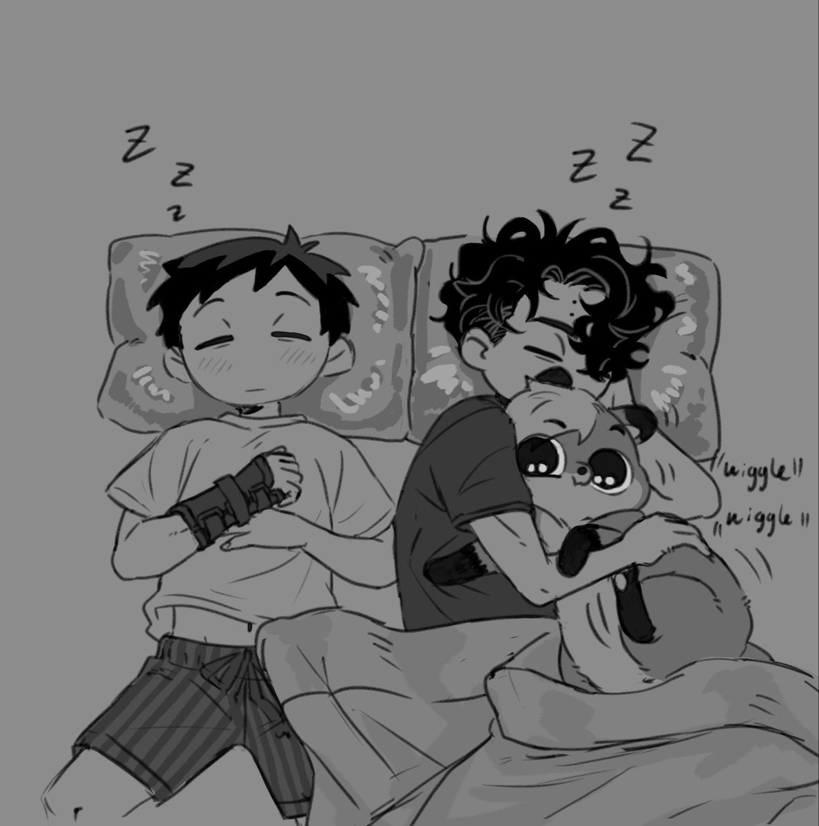 goatticorn's tweet photo. Ennosaku bed time (ft. chumu) 🦊 🛌 💤 
Sakusa have silk pillow cases for his curly hair. Ennoshita gets to benefit from that when he gets to sleep with Sakusa. Since Chumu likes to sleep ON Ennoshita, Sakusa benefits too. 
#ennosaku https://t.co/0OXNIYjwGt