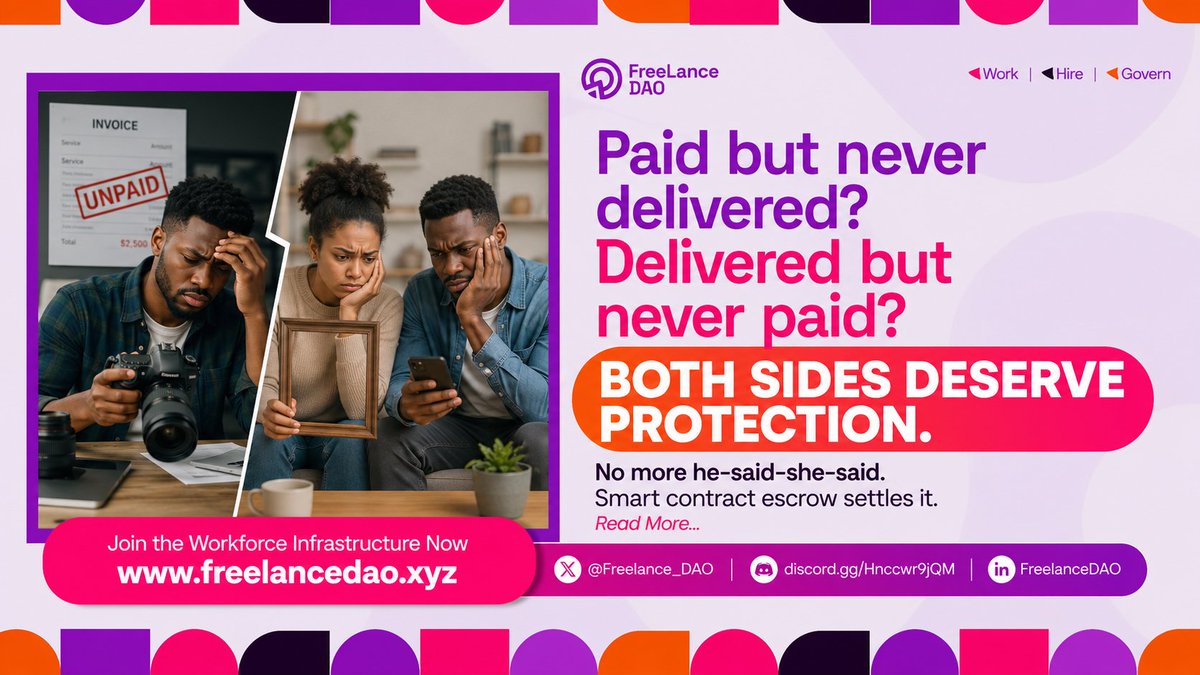 MikayaBala's tweet photo. Let's talk about this thread I saw on Facebook.

A wedding photographer posts a public callout: shot a wedding in December 2022, covered his team's transport costs from Yola to Guyuk and back and still hasn't been paid, months later. 

"It's not about the money anymore, it's about respect for people's time and work." in his words.

Fair point. Except days later, another client client made a post that flips the script. 

Same photographer, same year (2022): they paid him in full upfront for a family shoot, and he never delivered the pictures. Not the hard copy, not even the soft copy. They say their comment on his post got deleted, so they came back with their own.

One thread. Two broken promises. Two people who trusted each other and got let down.

This is the exact gap @Freelance_DAO exists to close. Not "who posted first" or "who has more Facebook likes on their side"  verified, enforceable terms from the start:

→ Smart contract escrow holds payment until agreed deliverables are confirmed

→ No upfront payment disappearing into silence

→ No finished work being withheld over unpaid balances

→ Disputes go through DAO-based resolution, not a public airing on social media

Freelancers and clients both deserve receipts that hold up, not screenshots that go viral after the damage is done.

Website: https://t.co/1W5kVJP34n (Coming live soon stay grounded)

Connect with FreeLanceDAO On:

 X(Formally Twitter)- https://t.co/0tOEL8FpEU

Discord - https://t.co/dGauuUJDPr