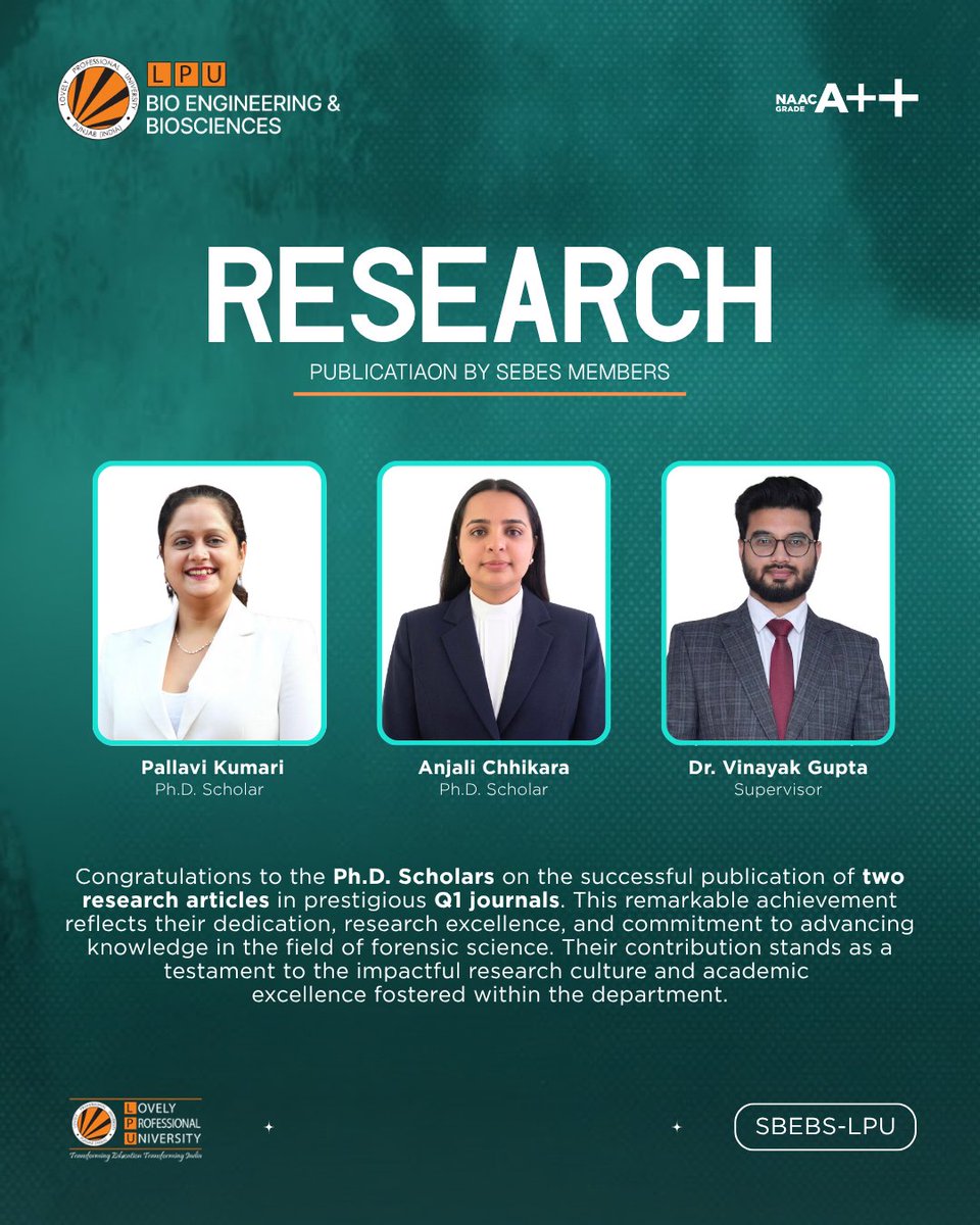 LPUBioEngg's tweet photo. Research that Creates Impact. Innovation that Inspires. 🔬📖

Ph.D. scholars Pallavi Kumari and Anjali Chhikara, under the guidance of Dr. Vinayak Gupta, celebrate the successful publication of two research articles in prestigious Q1 journals.

Congratulations on this significant milestone, and wishing you continued success in your research journey! 🌟

🎓 Apply Today and become a part of a research-driven learning ecosystem at @lpuuniversity 

#ResearchExcellence #Q1Publication #PhDScholars #ForensicScience #Innovation #Research #AcademicExcellence #LPU #SchoolOfBioengineeringAndBiosciences #FutureResearchers #AdmissionsOpen #ApplyNow #StudyAtLPU #ResearchCulture