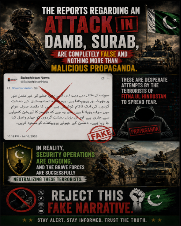 NeelumBugti's tweet photo. Claims of an attack in Damb, Surab are false and part of a propaganda campaign. Security operations remain underway, and terrorists continue to face decisive action. Don't fall for fake narratives—trust verified information.
#Surab #Damb
#Balochistan
#FakeNews #RejectPropaganda https://t.co/GhzKFug2FM