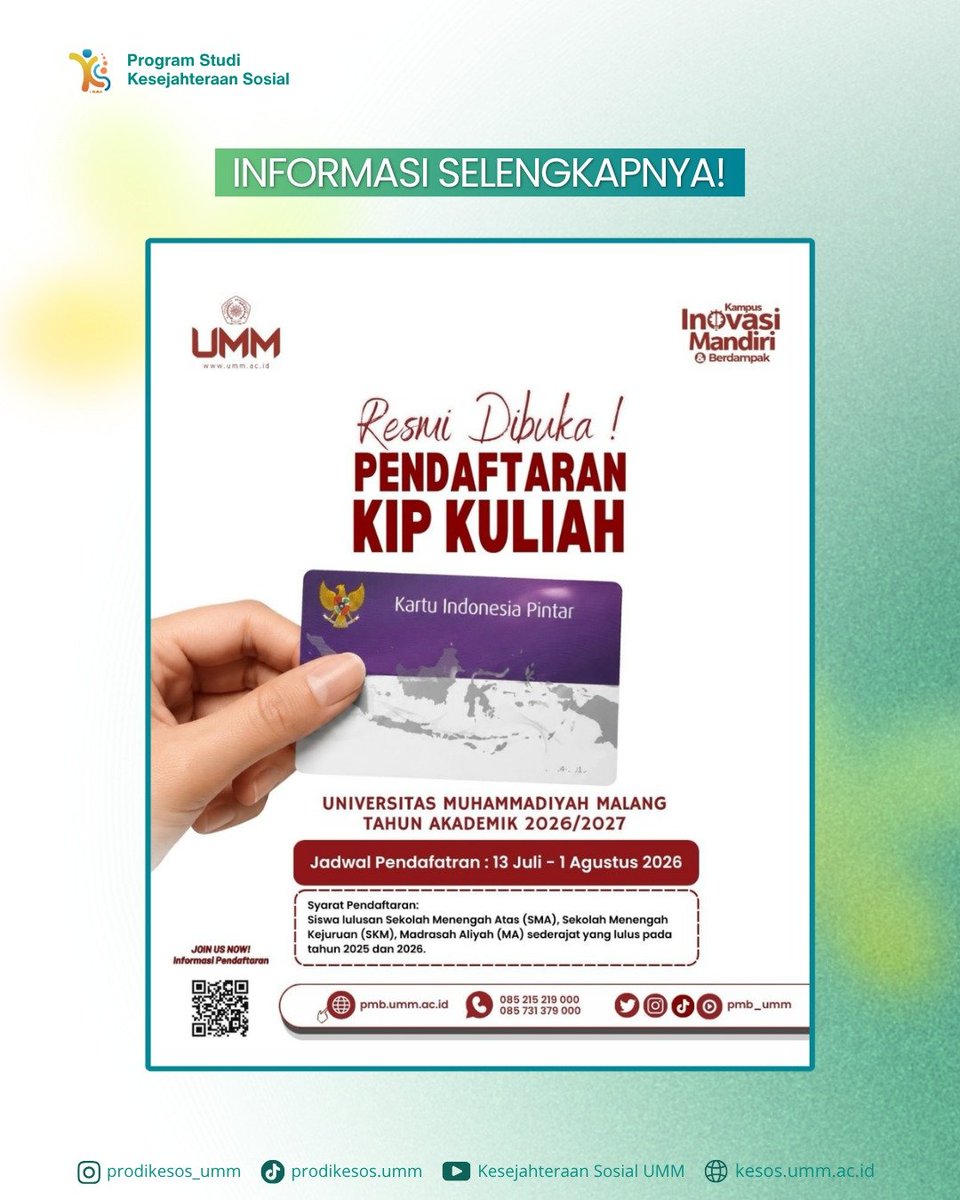 prodikesos_umm's tweet photo. Program Studi Kesejahteraan Sosial UMM membuka kesempatan bagi calon mahasiswa penerima KIP Kuliah 2026 untuk bergabung bersama kami.

Daftar sekarang di 👉 https://t.co/cluG2bSHjB
#KIPKuliah2026 #PMBUMM #KesejahteraanSosialUMM #KesosUMM https://t.co/pw2szJXyOA