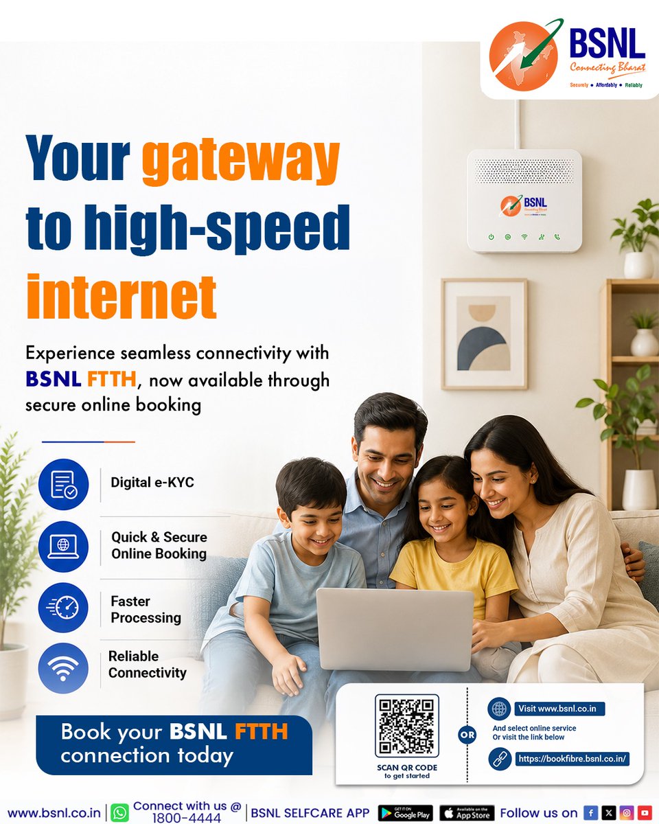 BSNLCorporate's tweet photo. Experience the convenience of booking your BSNL FTTH connection online.

With Digital e-KYC, secure online booking, and faster processing, getting connected is now easier than ever.

Scan the QR code or visit the link:
👉 https://t.co/v9Aioy6Yfn

#BSNLIndia #StayConnected #InternetForEveryone #DigitalLife #IndiaOnline #BSNLServices #SmartIndia #EverydayConnectivity #BSNLFTTH #fiberbooking @CMDBSNL @robertravi21