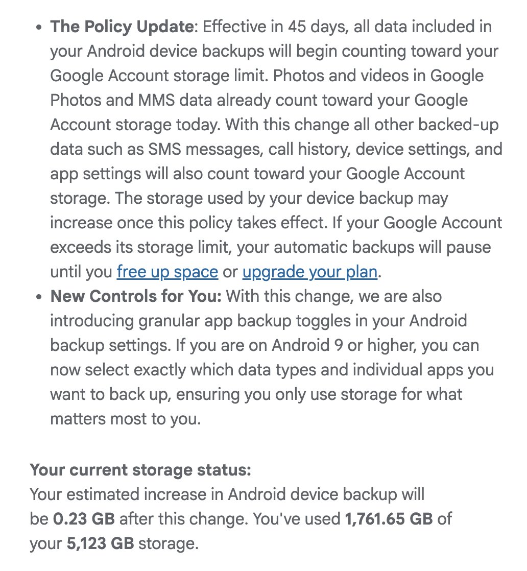 shiladitya's tweet photo. Google is removing some free data storage policies from Android in the coming days, I had no idea there was any free usage left on my phone backups! https://t.co/wS8fEcAMqB