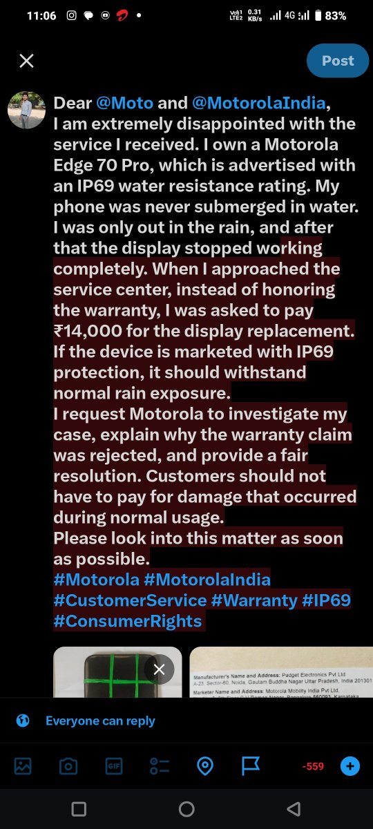 Pappusherkhane's tweet photo. Dear @Moto and @MotorolaIndia,
I am extremely disappointed with the service I received. I own a Motorola Edge 70 Pro, which is advertised with an IP69 water resistance rating.
#Motorola #MotorolaIndia #CustomerService #Warranty #IP69 #ConsumerRights https://t.co/iEWOBWOOx5