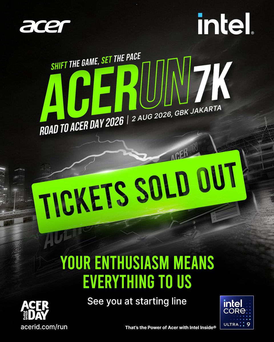 acerID's tweet photo. SOLD OUT! ✨
Terima kasih atas antusiasme luar biasa! Seluruh tiket ACERUN 7K 2026 telah resmi habis terjual.

Sampai jumpa di Race Day: 2 Agustus 2026 di Plaza Timur GBK. Yuk, mulai siapkan dirimu dari sekarang dan pastikan kamu siap memberikan performa terbaik di garis start! https://t.co/2wEXuQ88LN