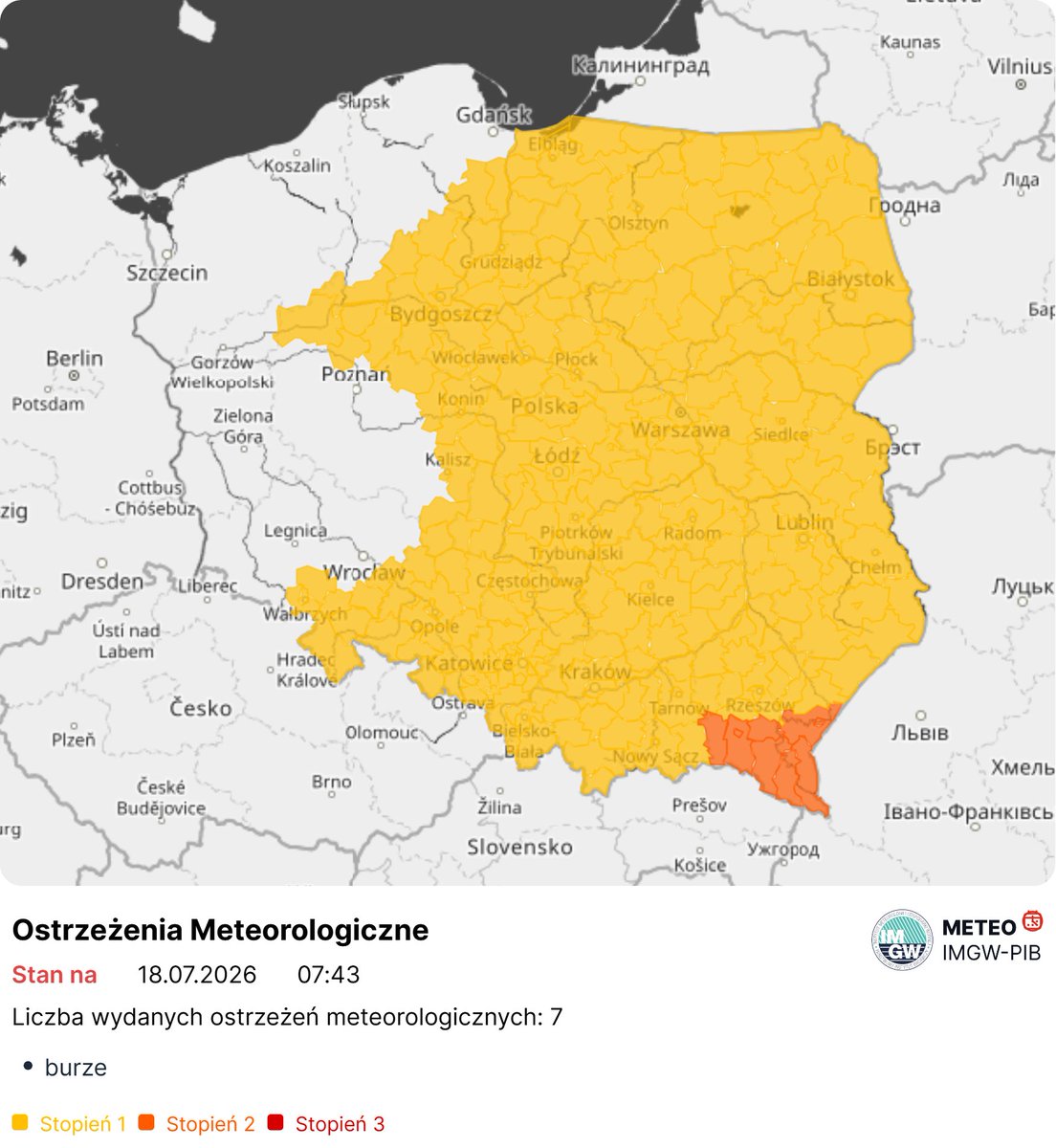 IMGWmeteo's tweet photo. 🚨 Ostrzeżenia meteorologiczne IMGW-PIB – sobota, 18 lipca
Dla znacznej części kraju obowiązują dziś ostrzeżenia 1. stopnia przed burzami, natomiast na krańcach południowo-wschodniej Polski wydano ostrzeżenia 2. stopnia.⛈️ Burzom mogą towarzyszyć:
🌧️ intensywne opady deszczu,
💨 silniejsze porywy wiatru,
🧊 lokalnie grad.Najbardziej dynamicznej pogody należy spodziewać się na południowym wschodzie kraju, gdzie zjawiska mogą mieć większą intensywność.📲 Zachęcamy do śledzenia na bieżąco aktualnych ostrzeżeń, prognoz i komunikatów meteorologicznych publikowanych przez IMGW-PIB. Pamiętajcie, że sytuacja pogodowa jest monitorowana na bieżąco, a ostrzeżenia mogą być aktualizowane wraz z rozwojem zjawisk.
🔗 Aktualne ostrzeżenia znajdziecie na: https://t.co/c3JUXVOvrU 
#IMGW #IMGWPIB #Ostrzeżenia #Burze #Pogoda #Bezpieczeństwo